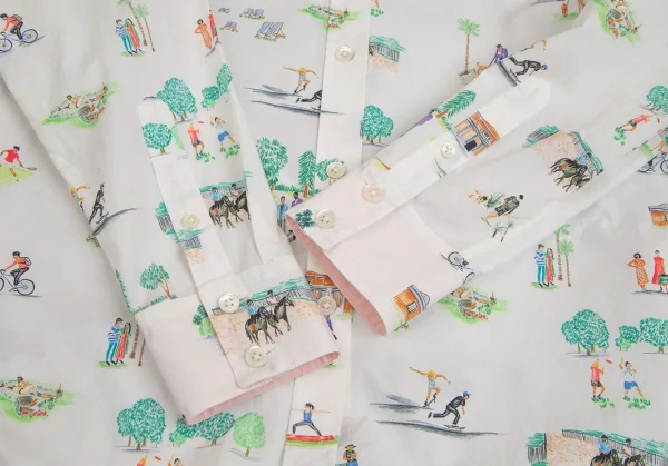 ポールスミスPaul Smith コットンアクティビティ総柄プリントシャツ 白他42 K-113989_007