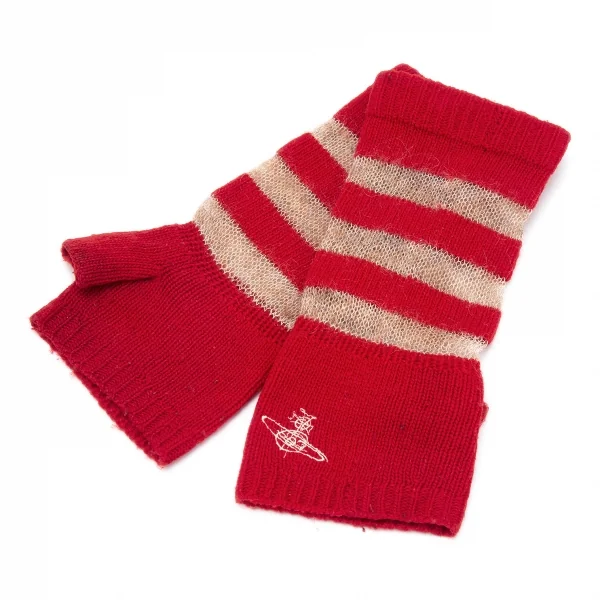 ヴィヴィアンウエストウッドVivienne Westwood ボーダーローゲージニットハンドウォーマー 赤ベージュ K-114088_001