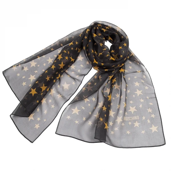 モスキーノMOSCHINO スタープリントシルクシフォンストール 黒 K-114092_001