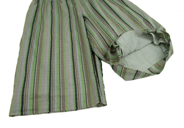 イッセイミヤケ ミーISSEY MIYAKE me サイド絞りデザインマルチストライプワイドパンツ 緑グレーF K-114211_008