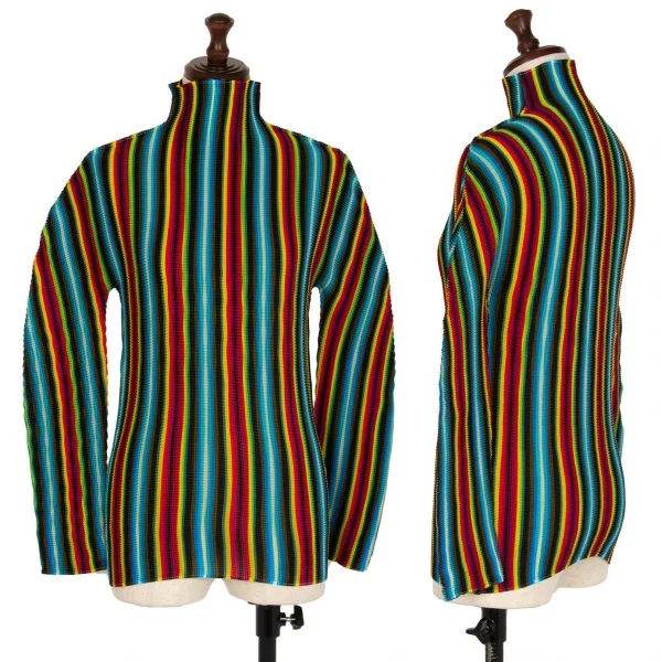 イッセイミヤケ ミーISSEY MIYAKE me ストライプストレッチプリーツハイネックカットソー マルチF K-114215_001