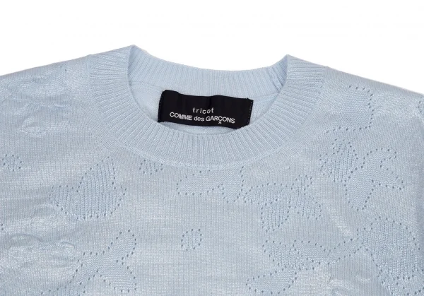 トリココムデギャルソンtricot COMME des GARCONS グリッタープリント針抜きフラワー柄クルーネックニット 水色S位 K-114437_002
