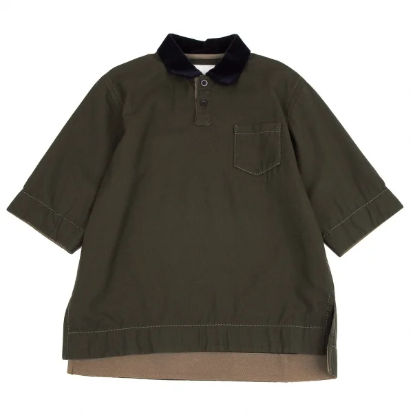 sacai Velor Collar Switching Wool Polo Shirt Khaki 1 K-114586_001