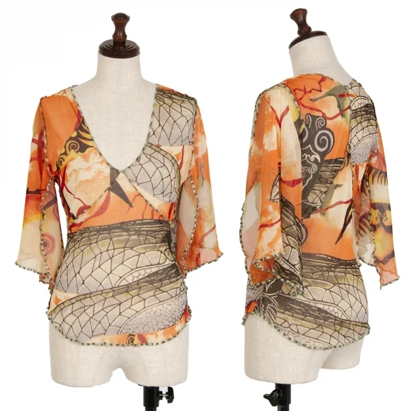 ジャンポールゴルチエ ファムJean Paul GAULTIER FEMME グラフィックプリントパワーネットスカーフスリーブトップス オレンジ40 K-114622_001