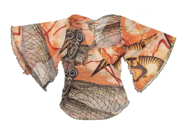 ジャンポールゴルチエ ファムJean Paul GAULTIER FEMME グラフィックプリントパワーネットスカーフスリーブトップス オレンジ40 K-114622_011