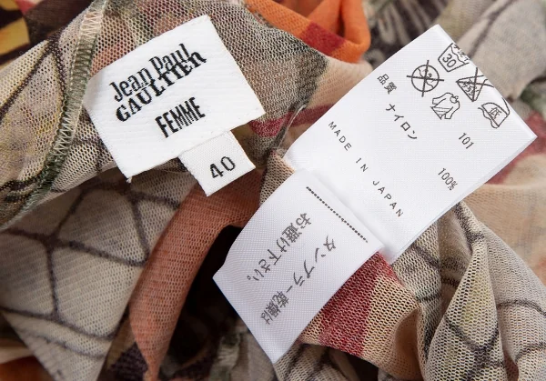 ジャンポールゴルチエ ファムJean Paul GAULTIER FEMME グラフィックプリントパワーネットスカーフスリーブトップス オレンジ40 K-114622_016