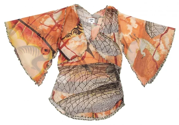 ジャンポールゴルチエ ファムJean Paul GAULTIER FEMME グラフィックプリントパワーネットスカーフスリーブトップス オレンジ40 K-114622_002