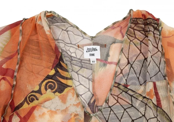 ジャンポールゴルチエ ファムJean Paul GAULTIER FEMME グラフィックプリントパワーネットスカーフスリーブトップス オレンジ40 K-114622_003