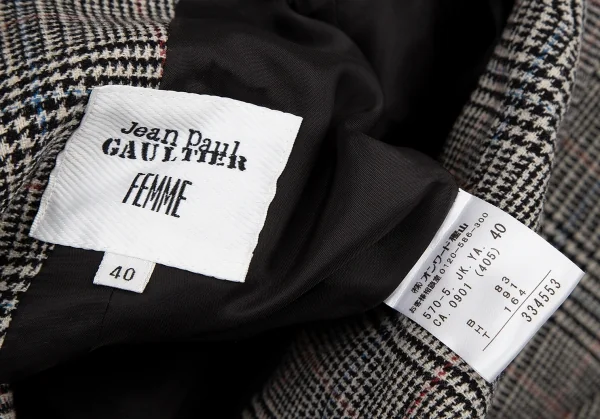 ジャンポールゴルチエ ファムJean Paul GAULTIER FEMME バックプリーツグレンチェック比翼ジャケット 白黒40 K-114633_017
