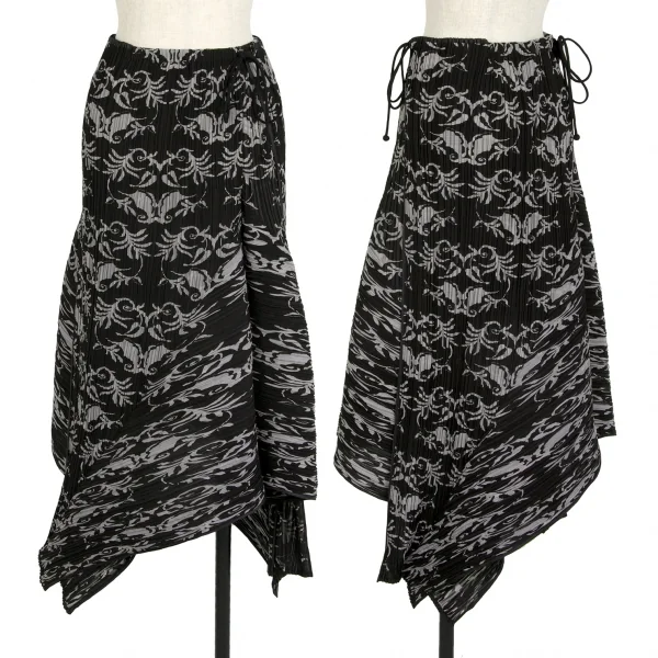 イッセイミヤケ フェットISSEY MIYAKE FETE 唐草柄サイドコードプリーツスカート 黒グレー1 K-114687_001