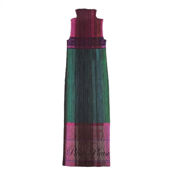 プリーツプリーズPLEATS PLEASE シャンパンラベルプリントプリーツノースリーブワンピース 緑ピンク他3 K-114769_001