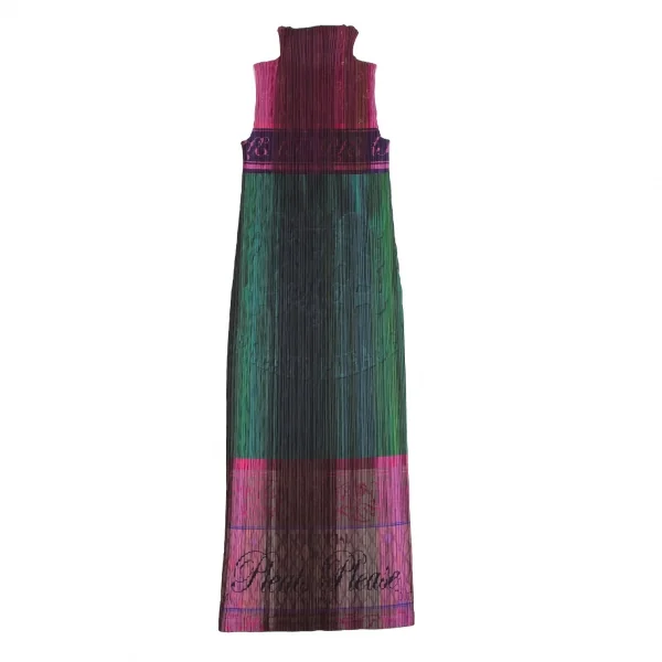 プリーツプリーズPLEATS PLEASE シャンパンラベルプリントプリーツノースリーブワンピース 緑ピンク他3 K-114769_010