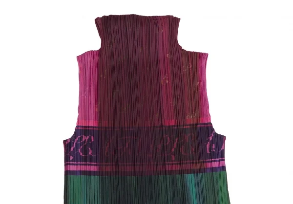 プリーツプリーズPLEATS PLEASE シャンパンラベルプリントプリーツノースリーブワンピース 緑ピンク他3 K-114769_002