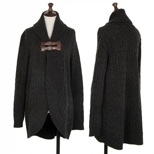 ★美品【ラルフローレン】　黒　カシミヤ混合ケーブル編みカーディガン ラルフローレンRalph Lauren カシミヤ混レザーベルトケーブル
