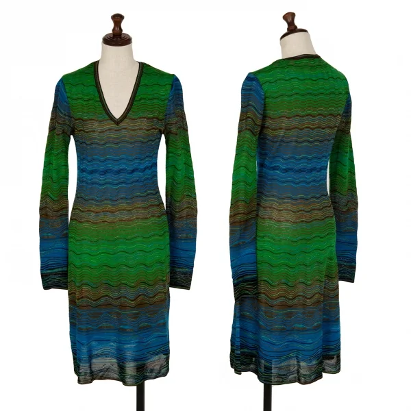 ミッソーニMISSONI ウェーブボーダージャガードニットワンピース 緑青40 K-114918_001