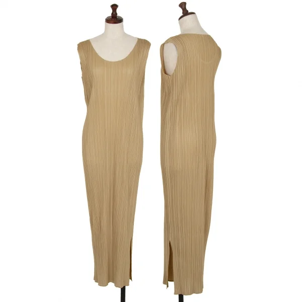 プリーツプリーズPLEATS PLEASE ノースリーブマキシワンピース ベージュ2 K-114972_001