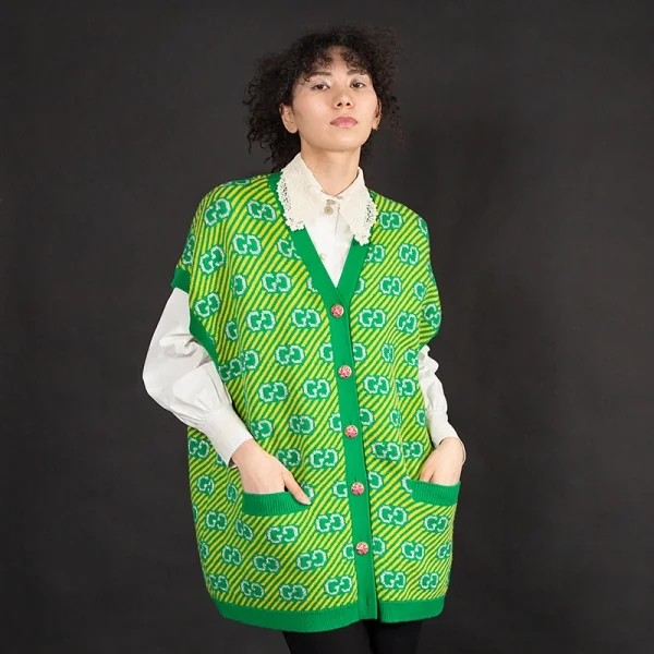 グッチGUCCI GGストライプジャガードニットベスト 緑黄M K-115048_012