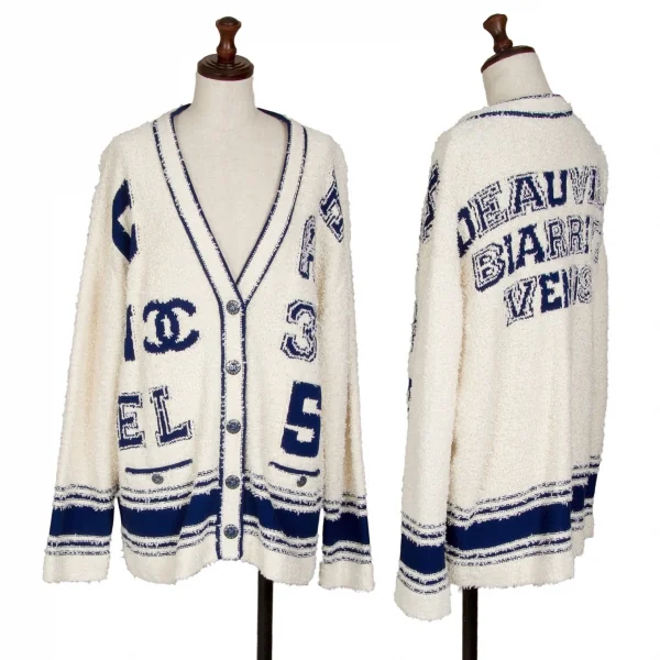 CHANEL Lettering Design Knit Cardigan White,Blue 42 K-115051_001