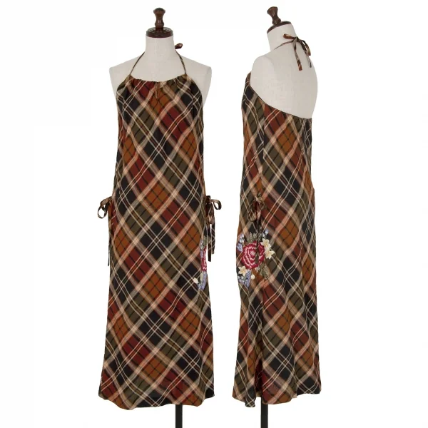 ケイタマルヤマKEITA MARUYAMA フラワー刺繍リネンチェックホルターネックワンピース ブラウン黒1 K-115124_001