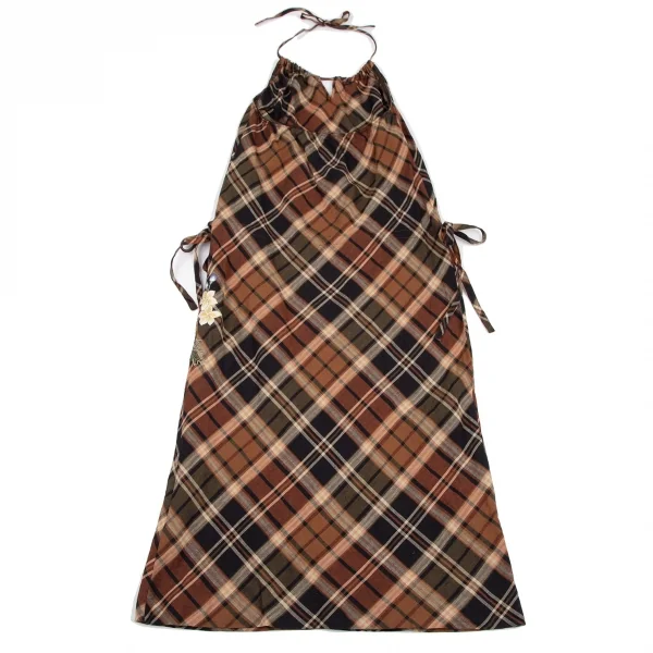 ケイタマルヤマKEITA MARUYAMA フラワー刺繍リネンチェックホルターネックワンピース ブラウン黒1 K-115124_010