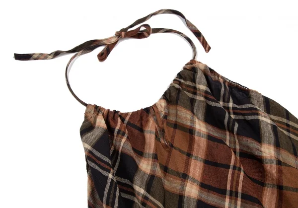 ケイタマルヤマKEITA MARUYAMA フラワー刺繍リネンチェックホルターネックワンピース ブラウン黒1 K-115124_003