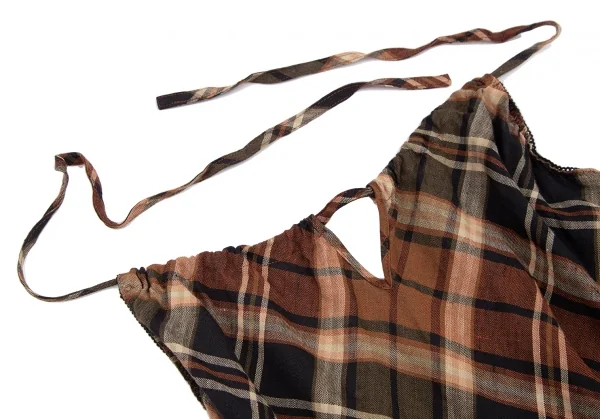 ケイタマルヤマKEITA MARUYAMA フラワー刺繍リネンチェックホルターネックワンピース ブラウン黒1 K-115124_004