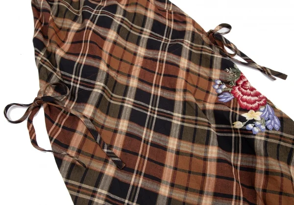ケイタマルヤマKEITA MARUYAMA フラワー刺繍リネンチェックホルターネックワンピース ブラウン黒1 K-115124_005