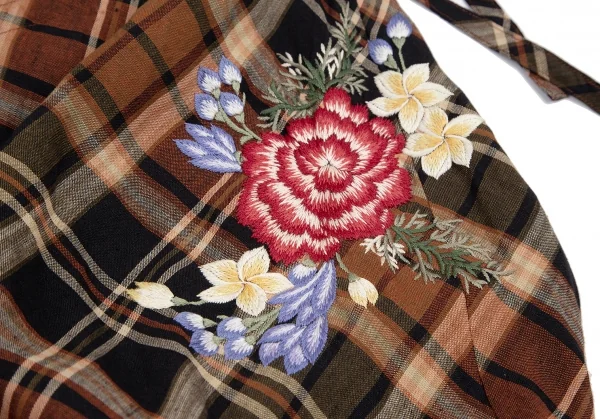 ケイタマルヤマKEITA MARUYAMA フラワー刺繍リネンチェックホルターネックワンピース ブラウン黒1 K-115124_007