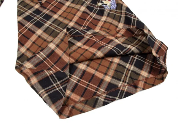 ケイタマルヤマKEITA MARUYAMA フラワー刺繍リネンチェックホルターネックワンピース ブラウン黒1 K-115124_009