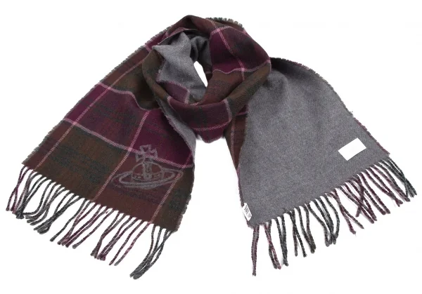ヴィヴィアンウエストウッドVivienne Westwood フロッキーオーブチェックフリンジウールマフラー 紫カーキグレー K-115208_001