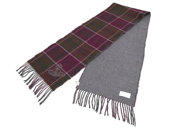 ヴィヴィアンウエストウッドVivienne Westwood フロッキーオーブチェックフリンジウールマフラー 紫カーキグレー K-115208_002