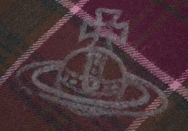 ヴィヴィアンウエストウッドVivienne Westwood フロッキーオーブチェックフリンジウールマフラー 紫カーキグレー K-115208_003