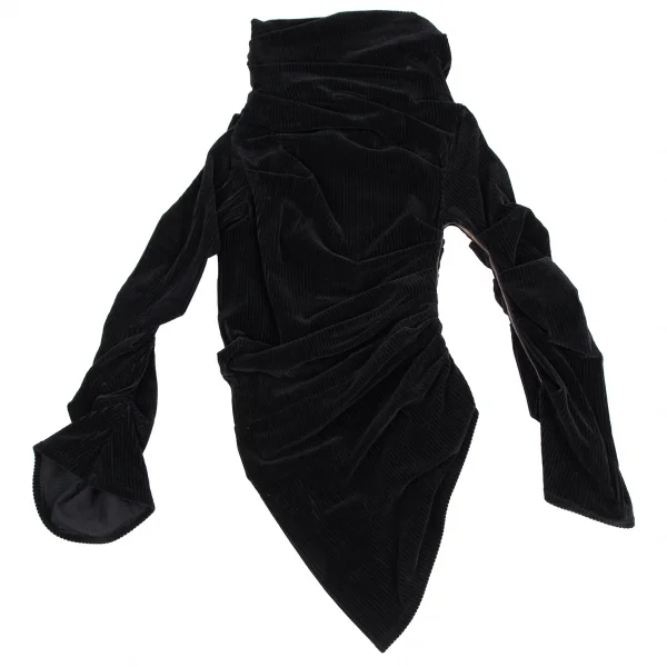ジャンポールゴルチエ ファムJean Paul GAULTIER FEMME ワンサイドギャザーコーデュロイハイネックワンピース 黒40 K-115274_013