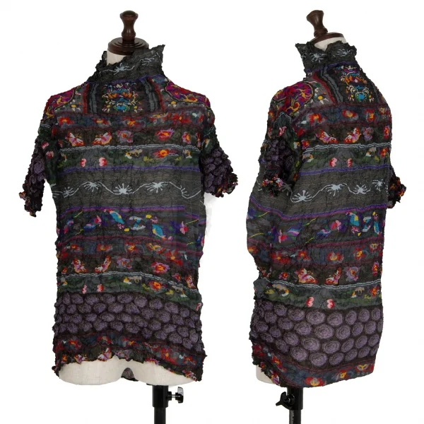 イッセイミヤケ フェットISSEY MIYAKE FETE グラフィックボーダーシワ加工ハイネックTシャツ カーキマルチM位 K-115363_001