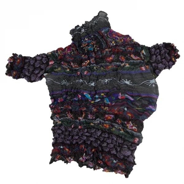 イッセイミヤケ フェットISSEY MIYAKE FETE グラフィックボーダーシワ加工ハイネックTシャツ カーキマルチM位 K-115363_002