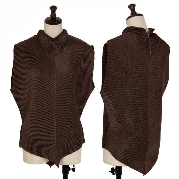 イッセイミヤケISSEY MIYAKE 斜行プリーツノースリーブプルオーバーブラウス 茶M位 K-115370_001