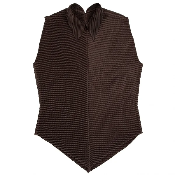 イッセイミヤケISSEY MIYAKE 斜行プリーツノースリーブプルオーバーブラウス 茶M位 K-115370_002
