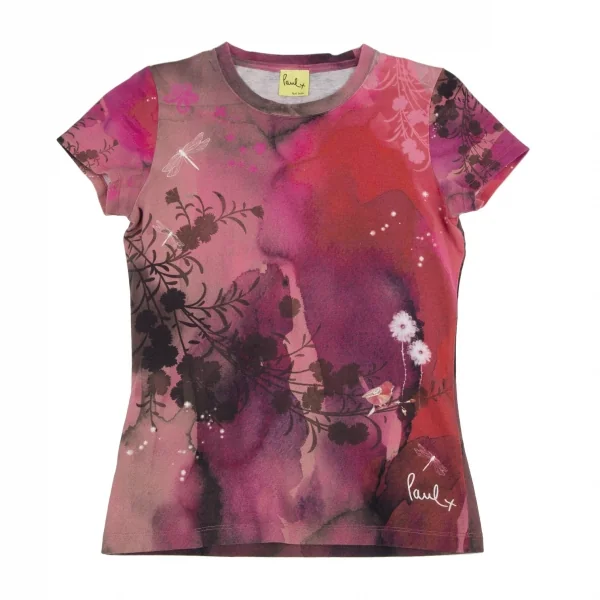 ポールスミスプラスPaul+ フローラルバックロゴプリントTシャツ 赤ピンクM K-115414_001