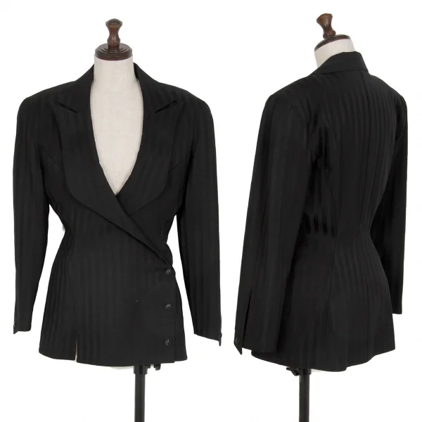 ティエリーミュグレー Thierry Mugler シャドーストライプウエストシェイプ切替ウールジャケット 黒7AR K-115662_001