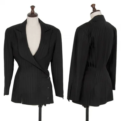 ティエリーミュグレー Thierry Mugler シャドーストライプウエストシェイプ切替ウールジャケット 黒