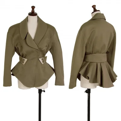 ティエリーミュグレー Thierry Mugler アシンメトリーラペルベルテッドウールギャバジャケット カーキ