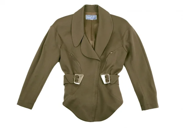 ティエリーミュグレー Thierry Mugler アシンメトリーラペルベルテッドウールギャバジャケット カーキ9AR K-115668_002