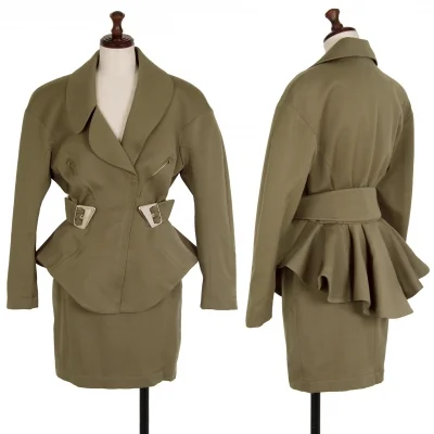 ティエリーミュグレー Thierry Mugler アシンメトリーラペルウールギャバセットアップ カーキ