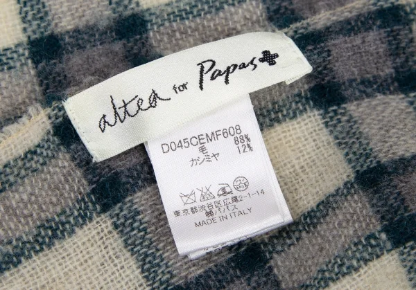 アルテア フォー パパスプラスaltea for Papas+ ウールカシミヤチェックフリンジストール ベージュグレー K-115739_005