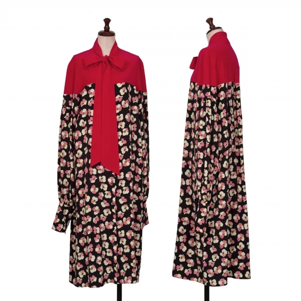 ロクrokh フローラルプリント切替リボンカラーシャツワンピース 赤紺M位 K-115793_001