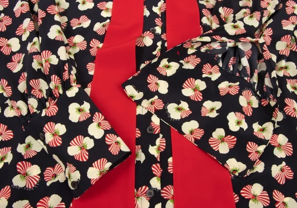 ロクrokh フローラルプリント切替リボンカラーシャツワンピース 赤紺M位 K-115793_011