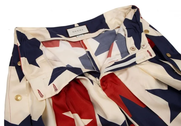 グッチGUCCI シルクスタープリントプリーツワイドパンツ クリーム紺赤44 K-115807_006