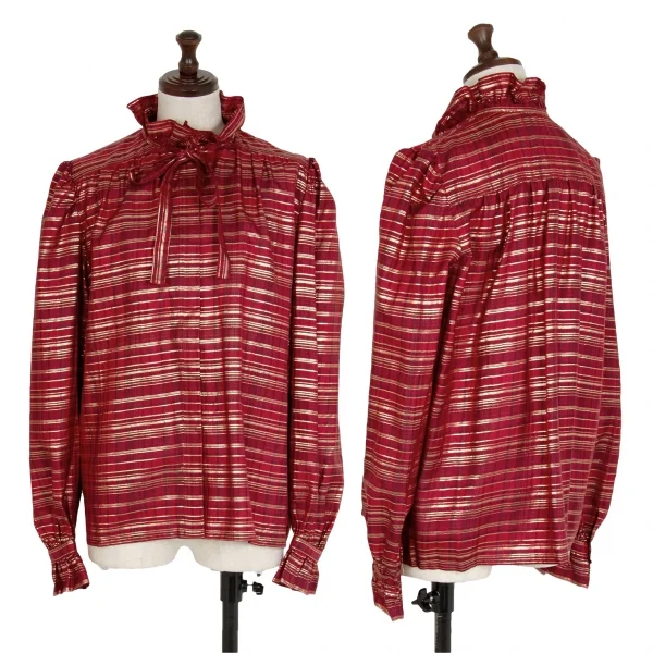 ジバンシィGIVENCHY ラメ糸タータンチェックシルクリボンタイシャツ 赤10 K-115819_001