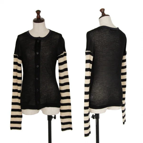 ヨウジヤマモト ファムYohji Yamamoto FEMME 袖ボーダーニット切替カーディガン 黒ベージュ2 K-115843_001
