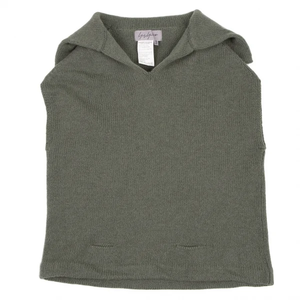 ヨウジヤマモト ファムYohji Yamamoto FEMME ウールナイロンセーラーカラーノースリーブニット カーキグリーン3 K-115846_002